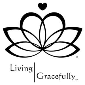 Lotus flower logo with a heart above, accompanied by the text Living Gracefully.