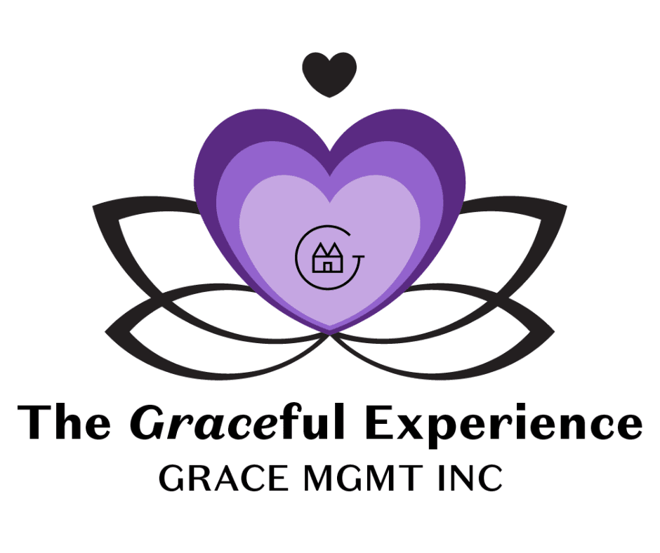 Graphic logo featuring a stylized heart and lotus design, representing The Graceful Experience by Grace Management Inc.