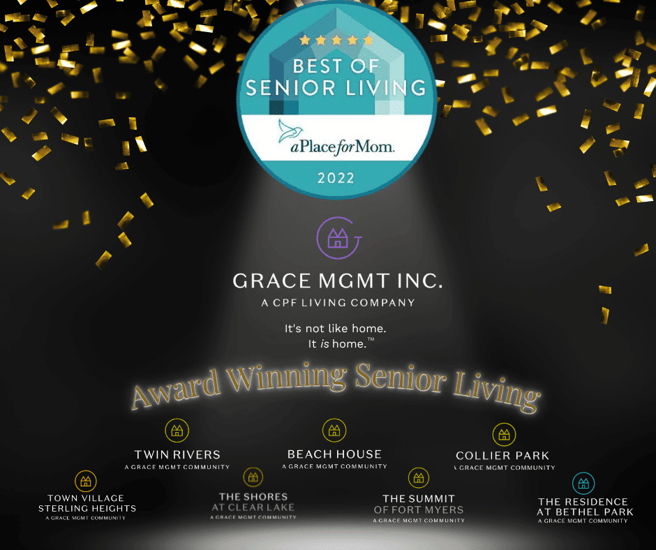 Award-winning senior living promotion featuring Grace Management, showcasing accolades and community names with celebratory confetti.