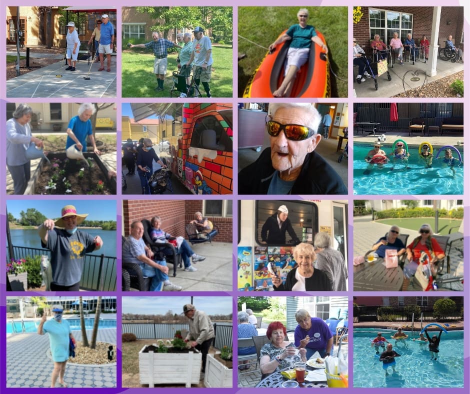 Residents enjoying vibrant activities, including gardening, kayaking, and swimming, showcasing a lively, engaging community.