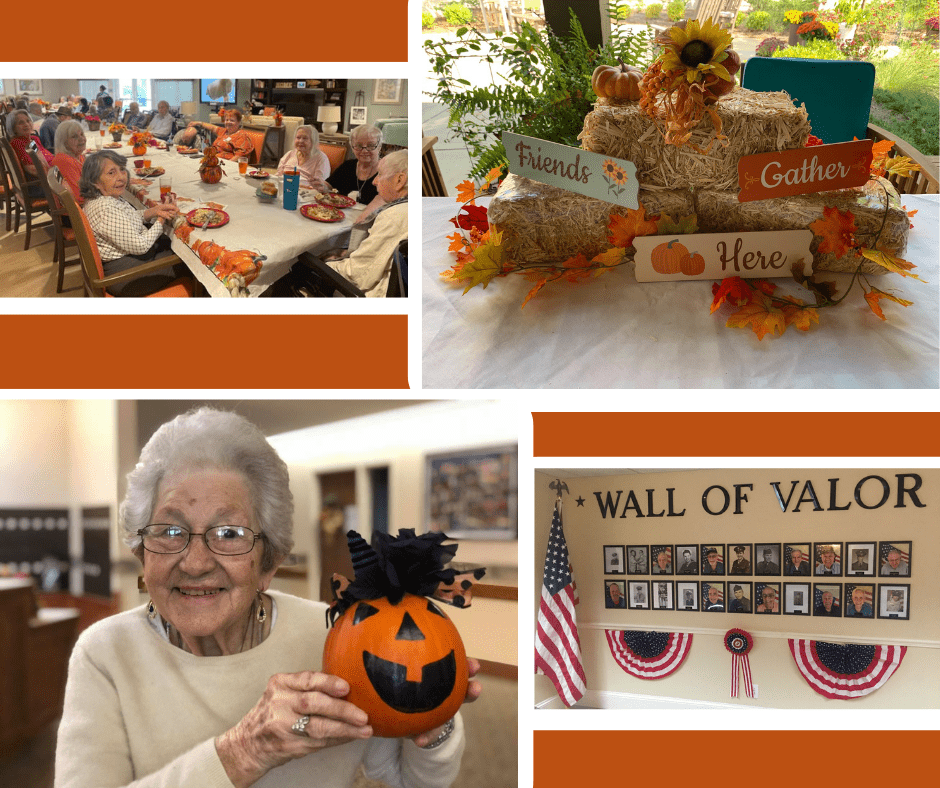 Residents enjoy a festive autumn gathering, sharing meals and laughter amid vibrant seasonal decorations and a tribute wall.