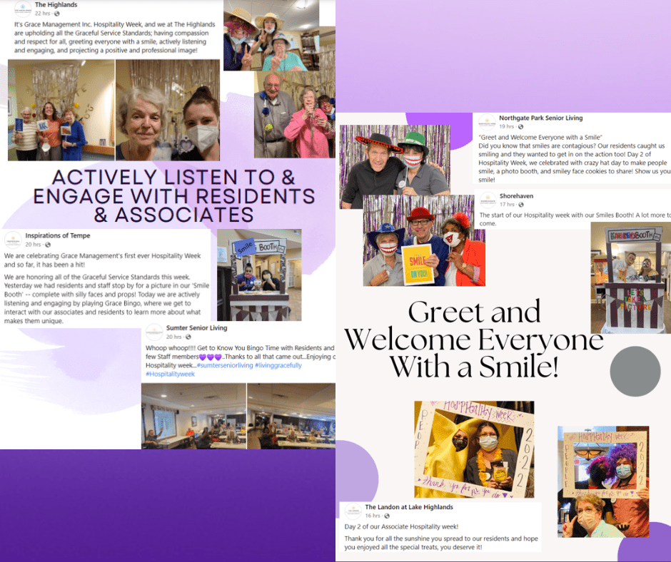 Collage of joyful residents and staff engaging in Hospitality Week activities, showcasing smiles and vibrant community spirit.