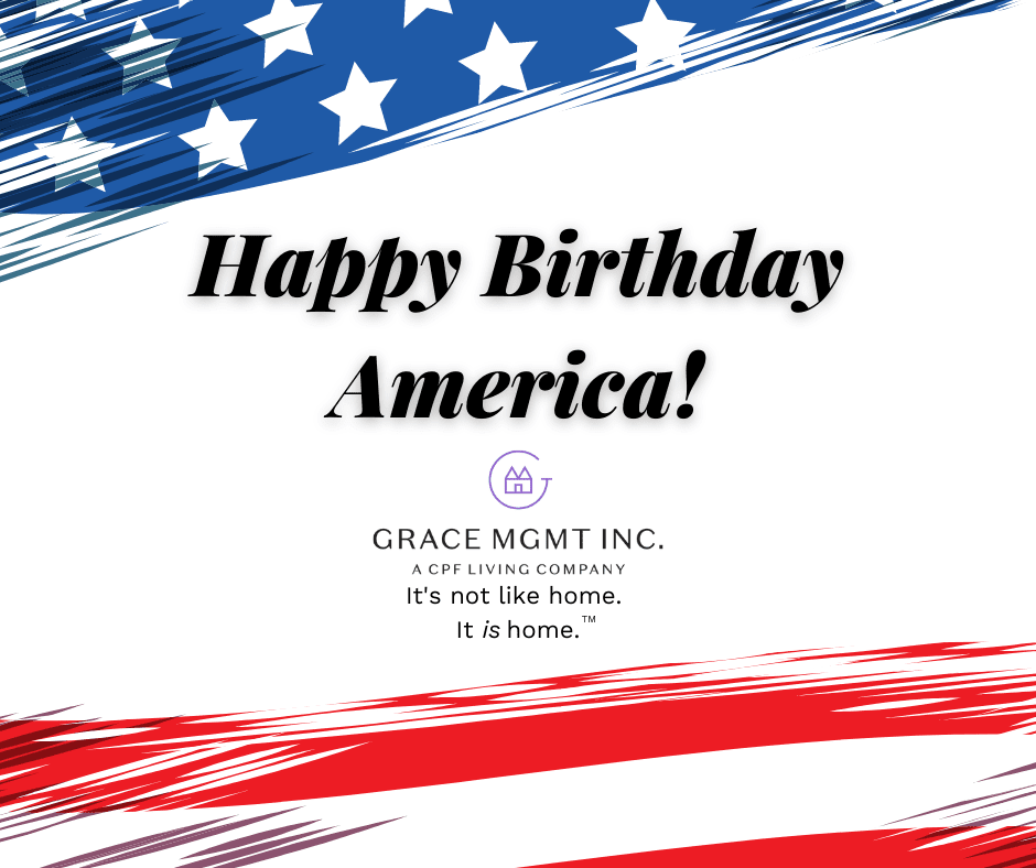 Happy Birthday America! Bold text on a patriotic background featuring red and blue stripes with stars.