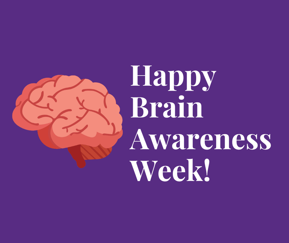Happy Brain Awareness Week! A colorful brain illustration on a purple background emphasizes mindfulness and cognitive health.