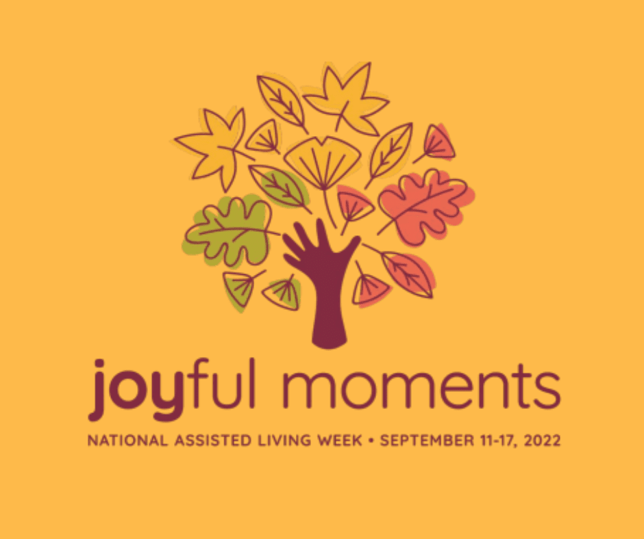 Colorful illustration of a tree with autumn leaves and a hand, promoting Joyful Moments for National Assisted Living Week.