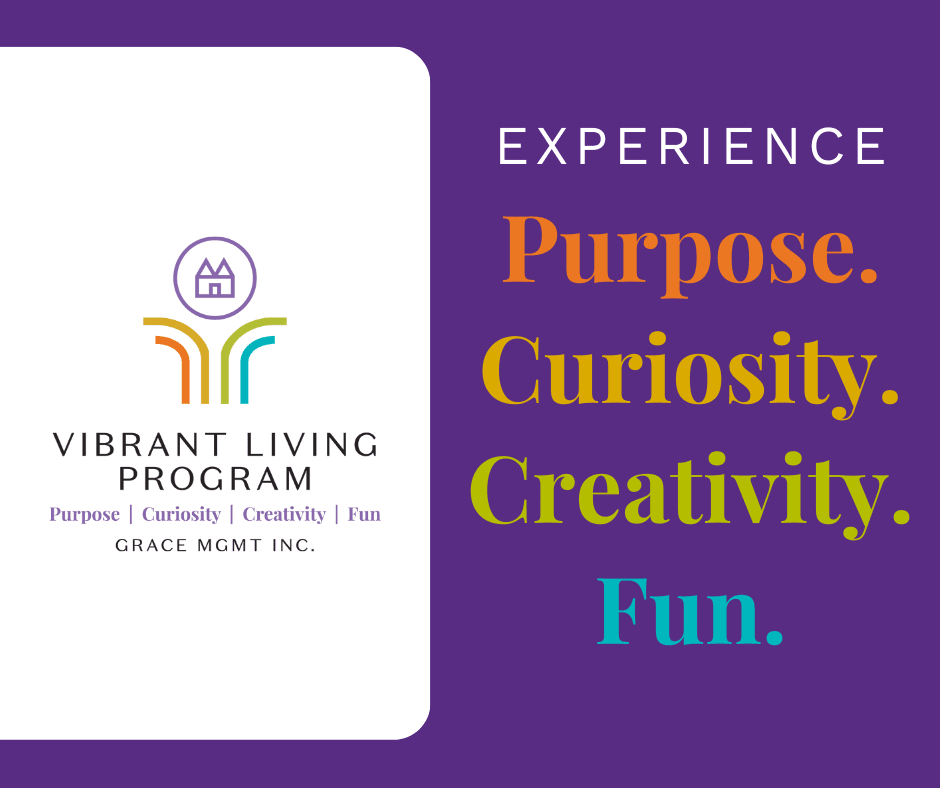 Vibrant Living Program logo showcasing purpose, curiosity, creativity, and fun in an upscale senior living context.