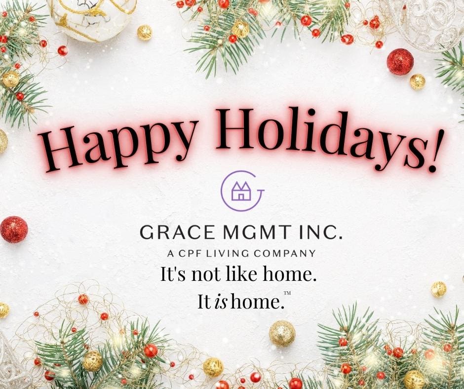 Festive holiday design with gold and red ornaments, pine leaves, and text wishing Happy Holidays! from Grace Management.