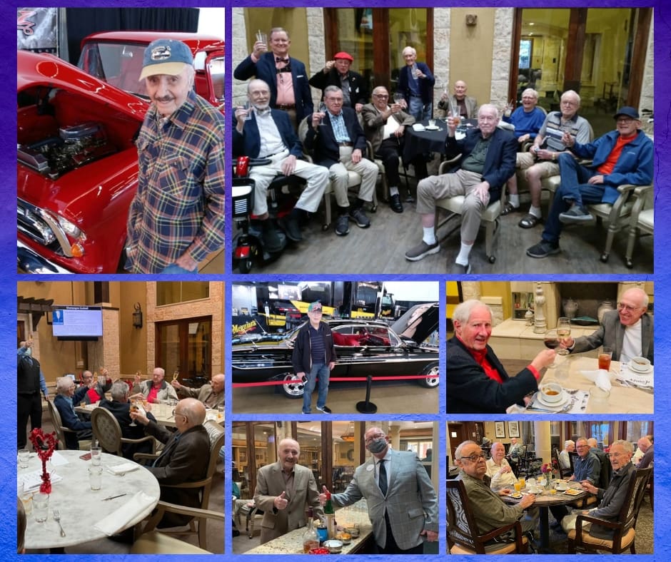 Lively gatherings of seniors enjoying upscale dining, classic cars, and engaging company in a vibrant community setting.