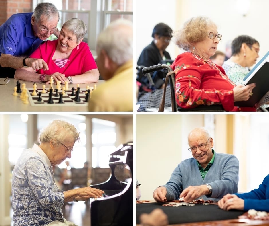 Engaged residents enjoying varied activities: chess, reading, music, and games in a vibrant senior living community.