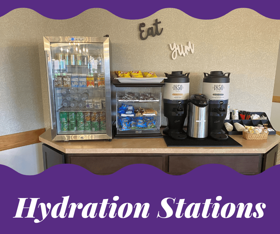 Hydration station featuring beverage cooler, snacks, and coffee dispensers, promoting a vibrant and refreshing lifestyle.