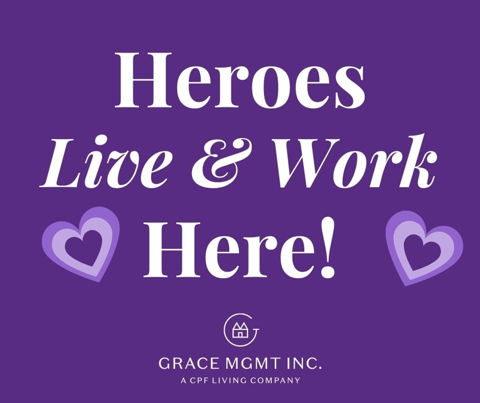 Heroes live and work here! Vibrant purple background with elegant typography and hearts, showcasing community and care.