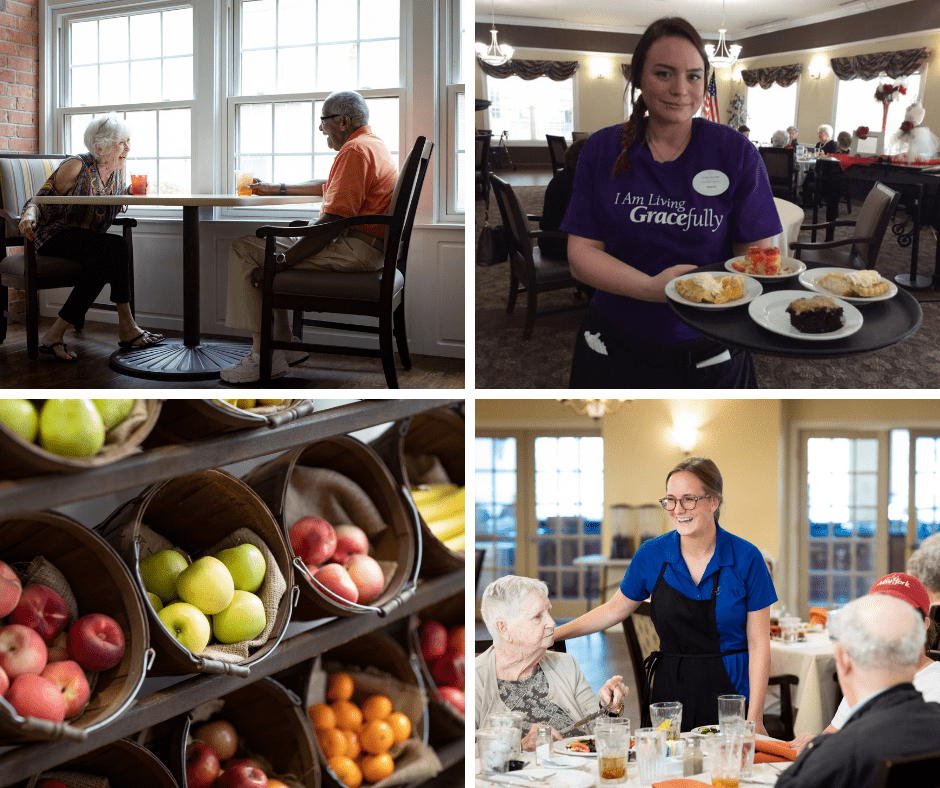 Engaged seniors enjoying a meal, vibrant dining atmosphere, and attentive staff serving fresh cuisine and beverages.