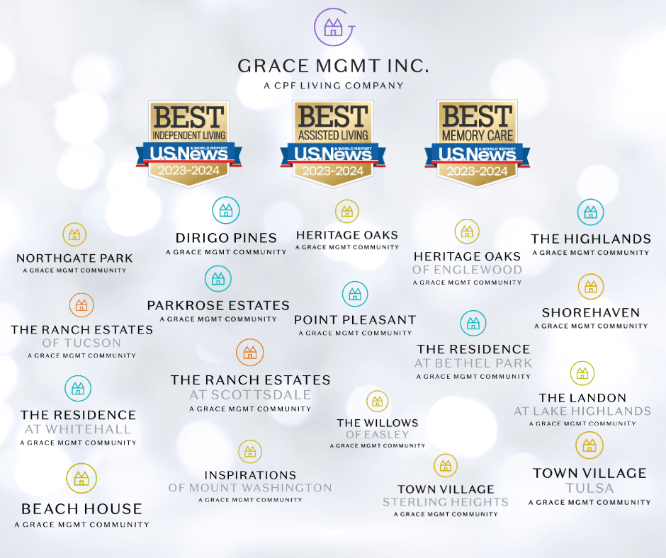 List of award-winning Grace Management communities highlighted with Best badges for independent living, assisted living, and memory care.