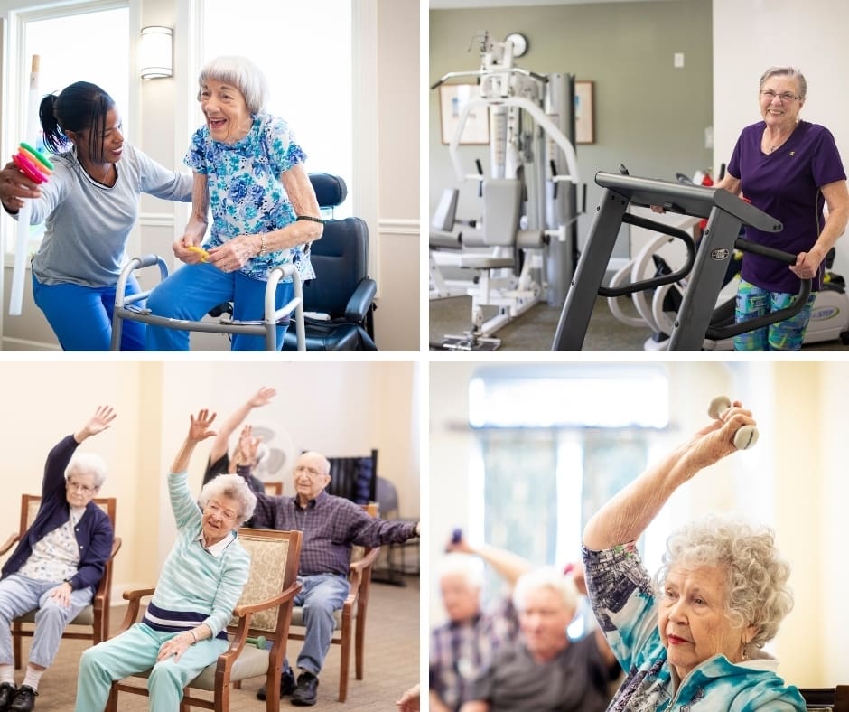 Vibrant senior living scene with residents engaging in activities, exercise, and compassionate care in a welcoming environment.