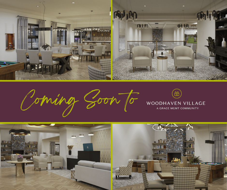 Elegant common areas featuring cozy seating, game tables, and a welcoming atmosphere at Woodhaven Village community.