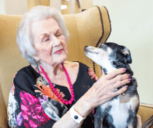 4-24-24 - Grace Management Senior woman sitting in chair holding pet dog