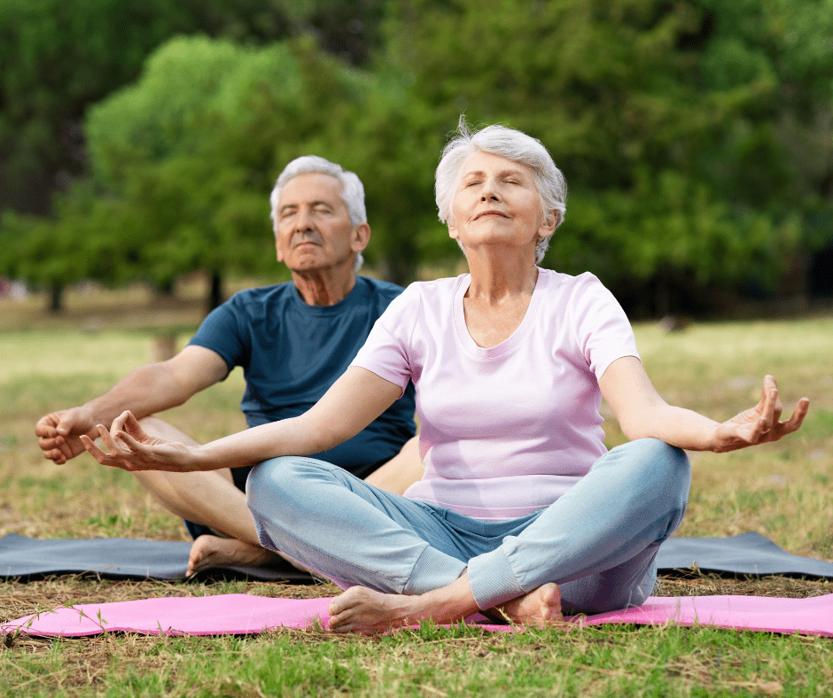 Seniors practicing yoga outdoors, embracing tranquility and mindfulness in a lush green park setting.