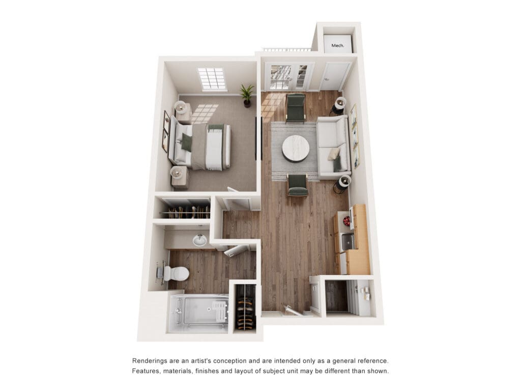 Floor plan showcasing a spacious one-bedroom apartment with modern amenities, inviting living area, and bright bedroom.