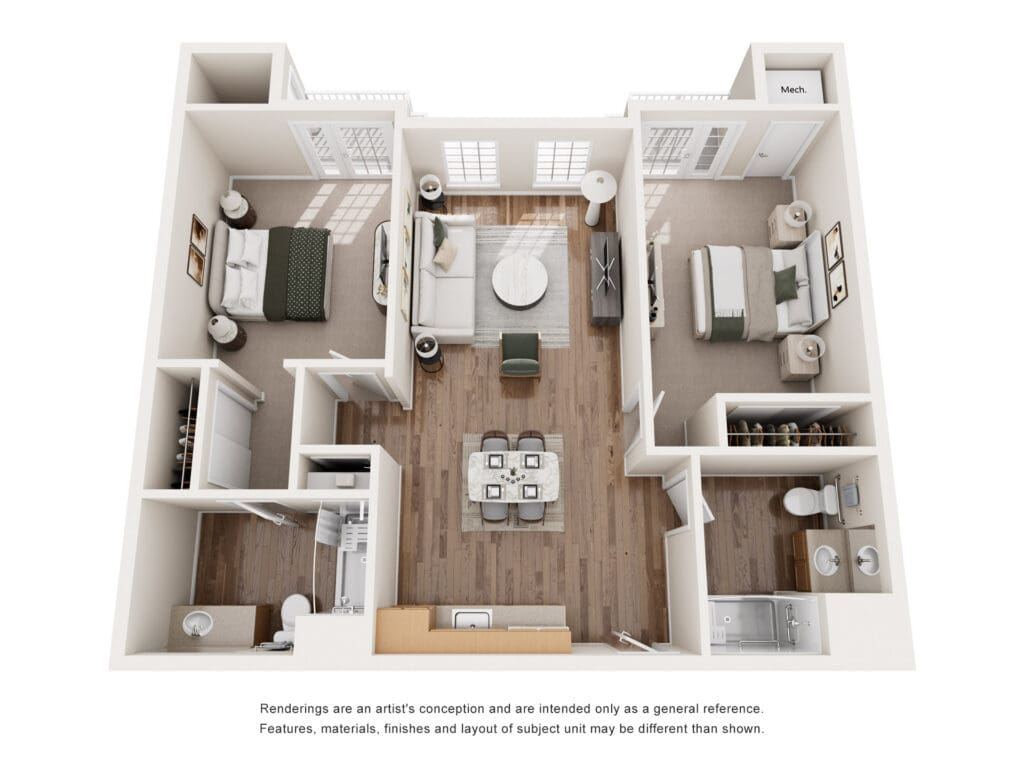 Elegant floor plan showcasing spacious two-bedroom layout with upscale furnishings and abundant natural light.