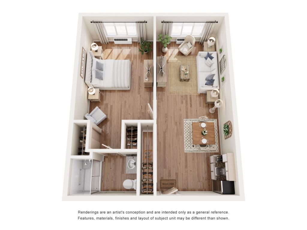 Elegant floor plan showcasing a cozy bedroom and inviting living area, emphasizing a vibrant, upscale lifestyle.