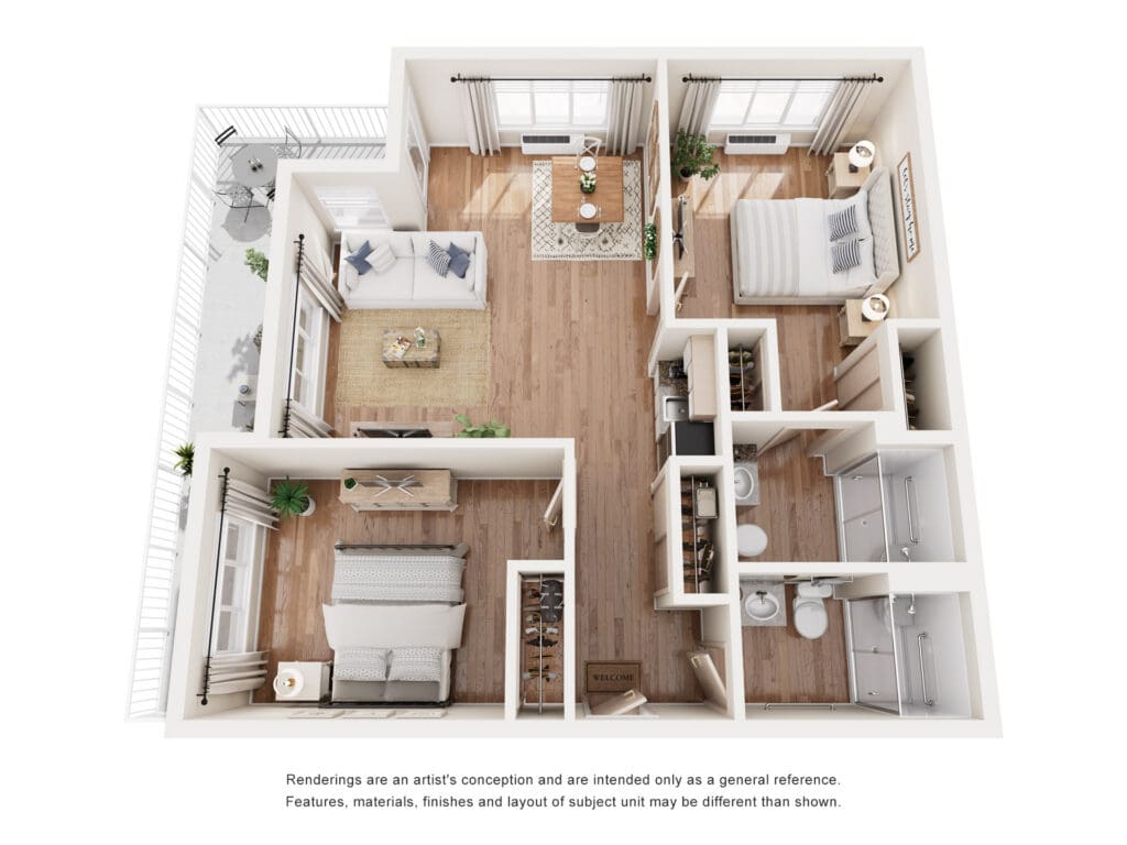 Spacious, modern senior living apartment layout featuring elegant furnishings, bright living areas, and a private balcony.