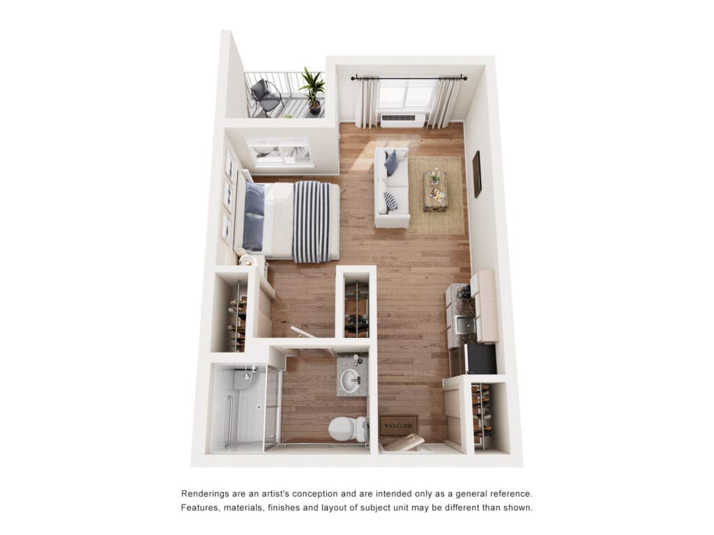 Bright, inviting studio layout featuring a cozy bedroom, modern kitchen, and spacious living area, designed for comfort.