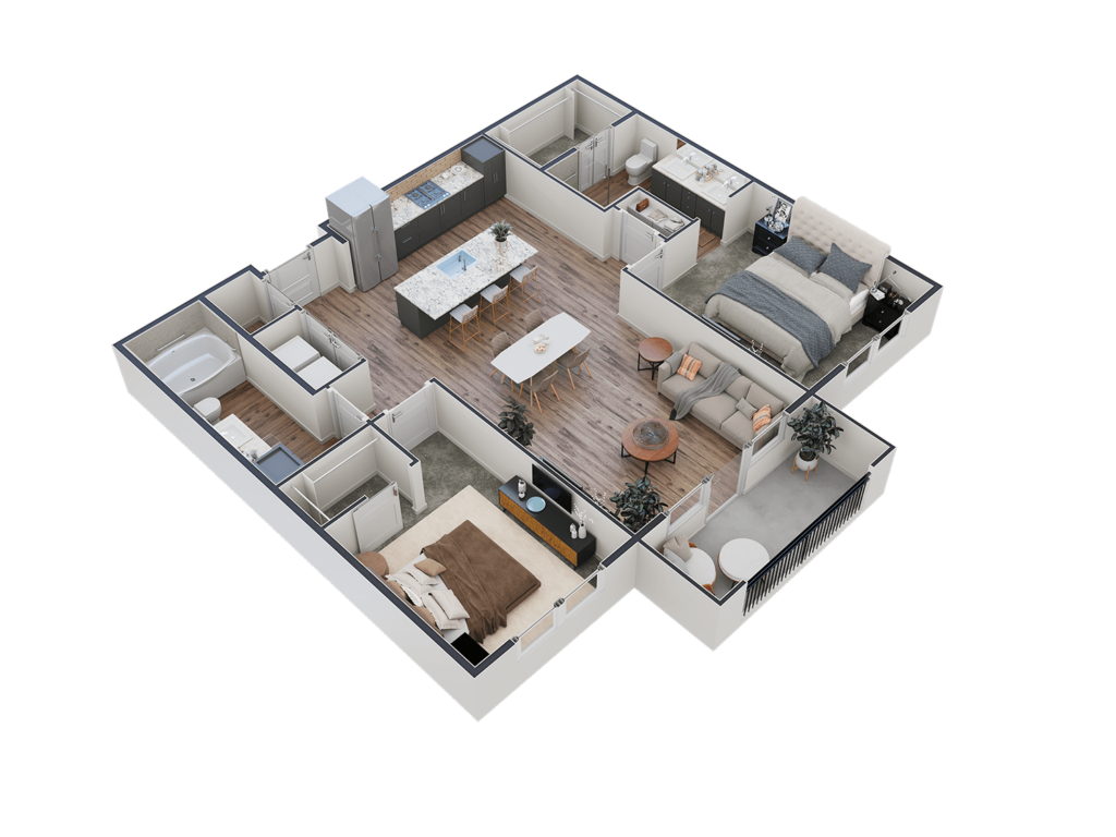 Elegant 3D layout of an upscale senior living apartment featuring modern amenities and spacious living areas.