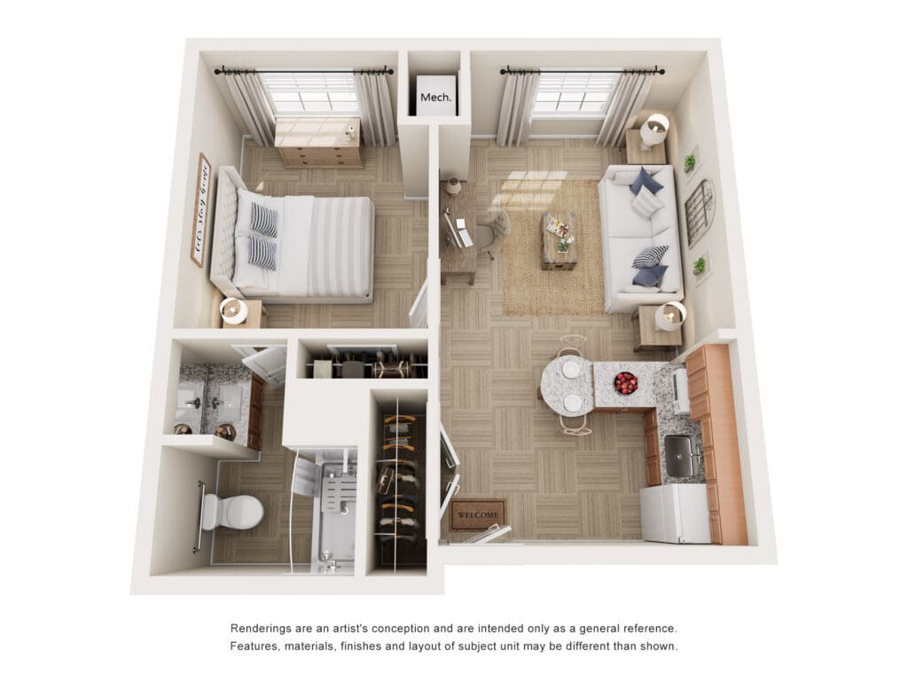Elegant floor plan showcasing a cozy bedroom, inviting living area, and modern kitchen in a well-designed senior living unit.