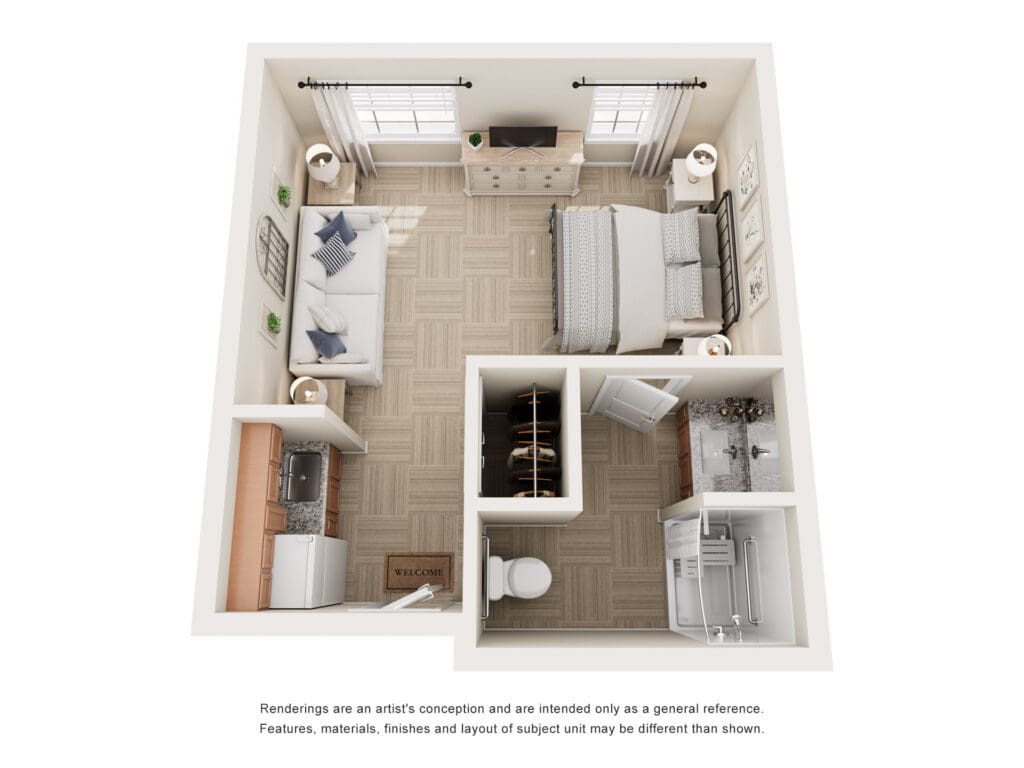 Elegant studio apartment layout featuring a cozy living area, modern kitchen, and serene bedroom for upscale living.