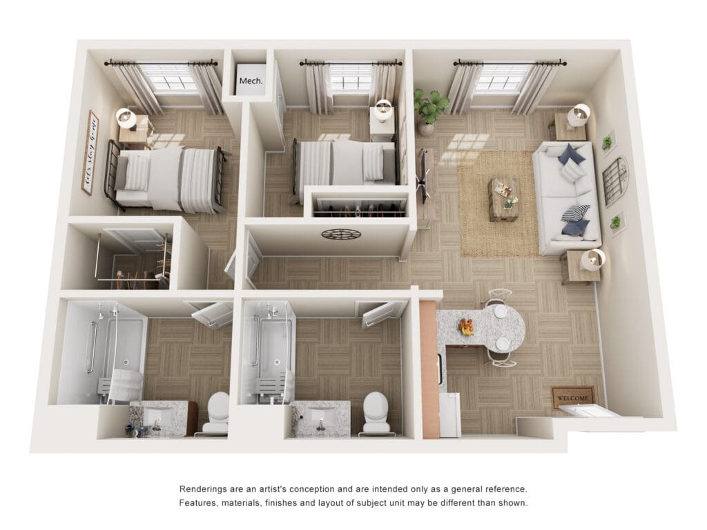 Spacious, thoughtfully designed senior living unit with two bedrooms, cozy living area, and modern amenities.