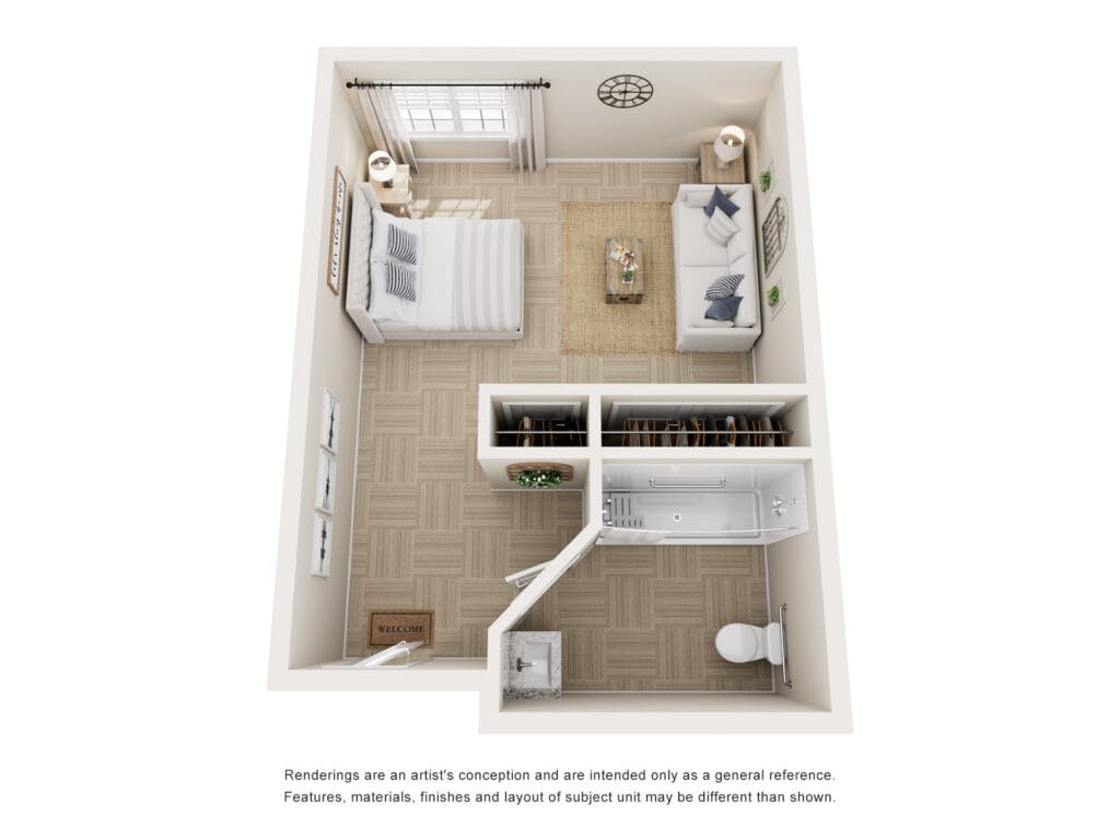 Stylish studio apartment layout featuring a cozy bedroom, inviting living area, and well-equipped bathroom.