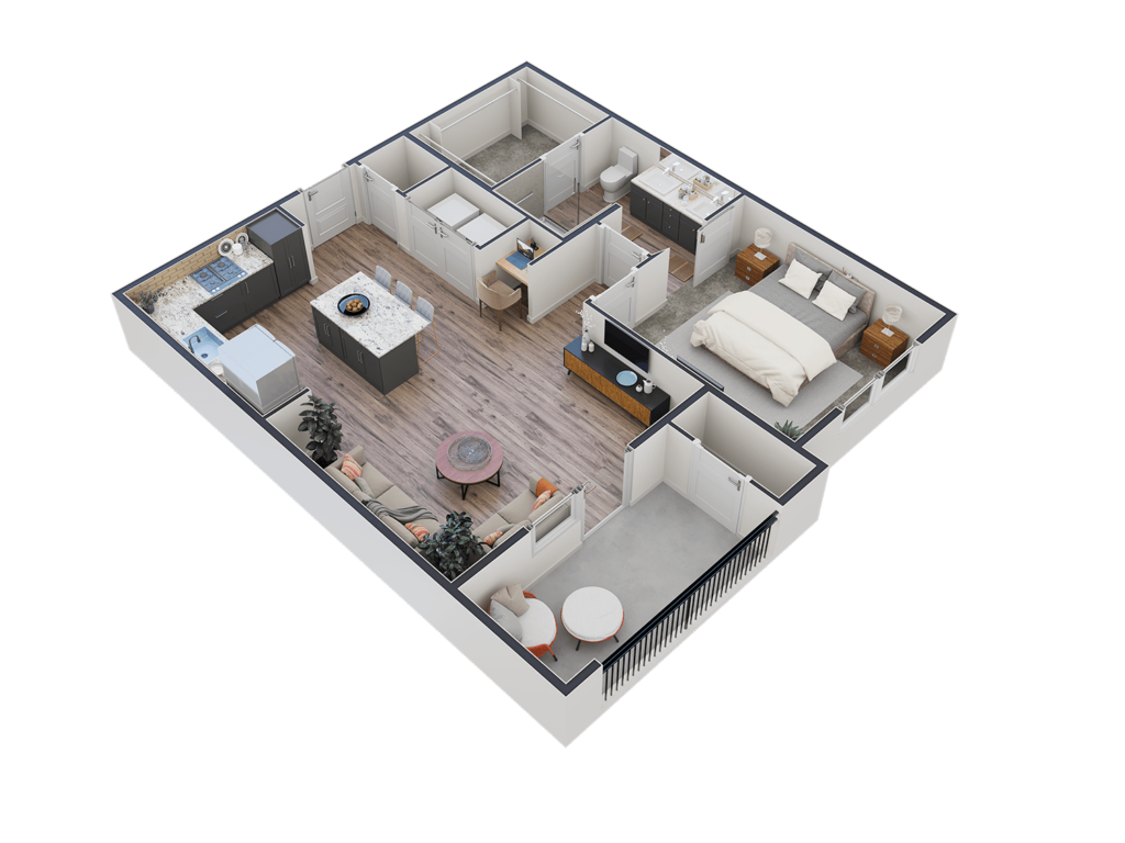 Stylish 1-bedroom apartment layout showcasing upscale amenities, comfortable living space, and modern kitchen design.