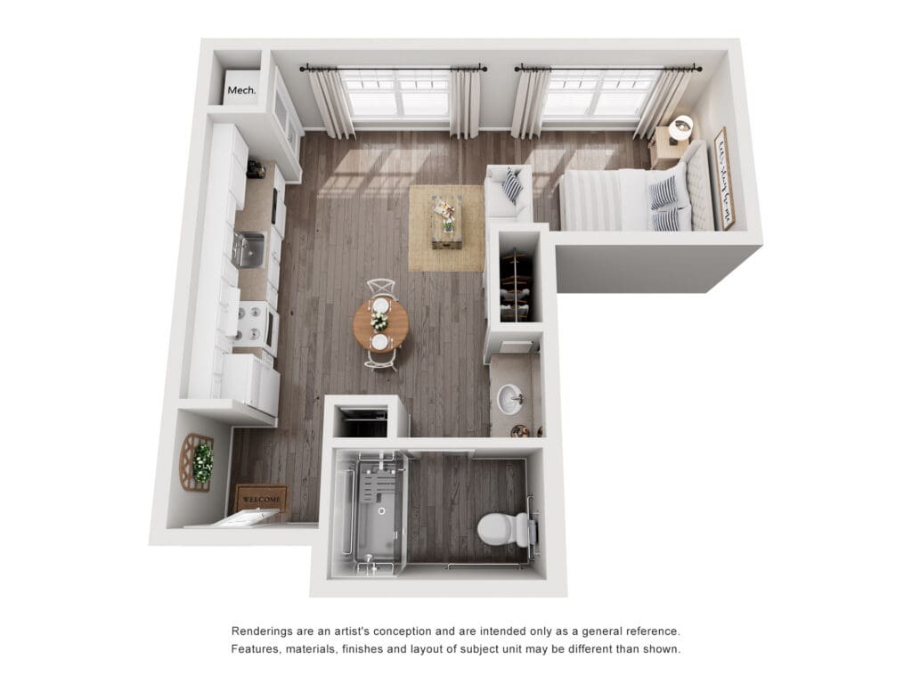 Spacious studio layout featuring a modern kitchen, cozy living area, and relaxing bedroom with ample natural light.