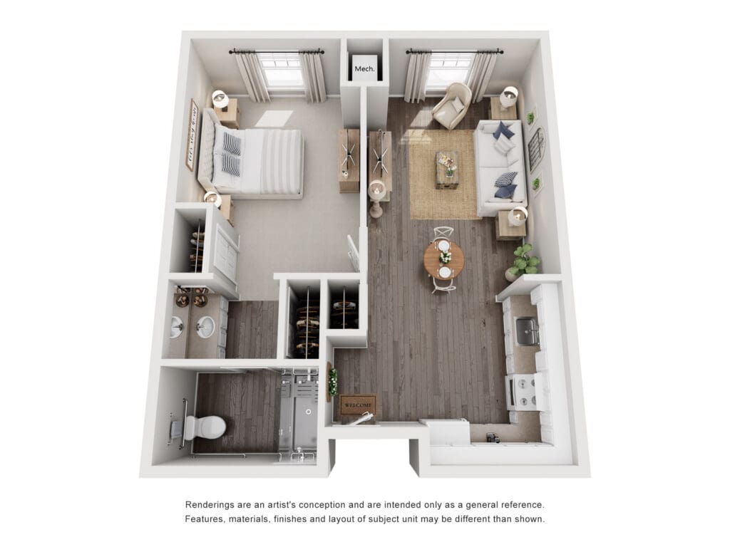 Stylish one-bedroom apartment layout featuring modern furnishings and thoughtful design for an upscale lifestyle.