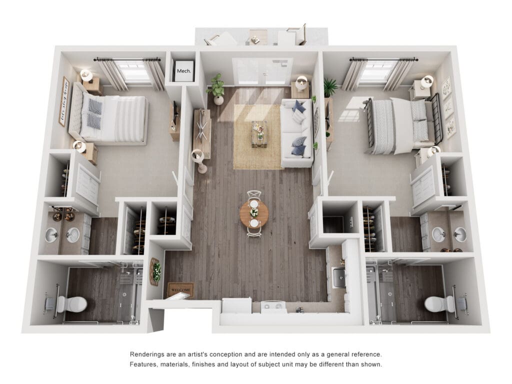 Spacious two-bedroom senior living floor plan featuring modern amenities, inviting gathering spaces, and abundant natural light.