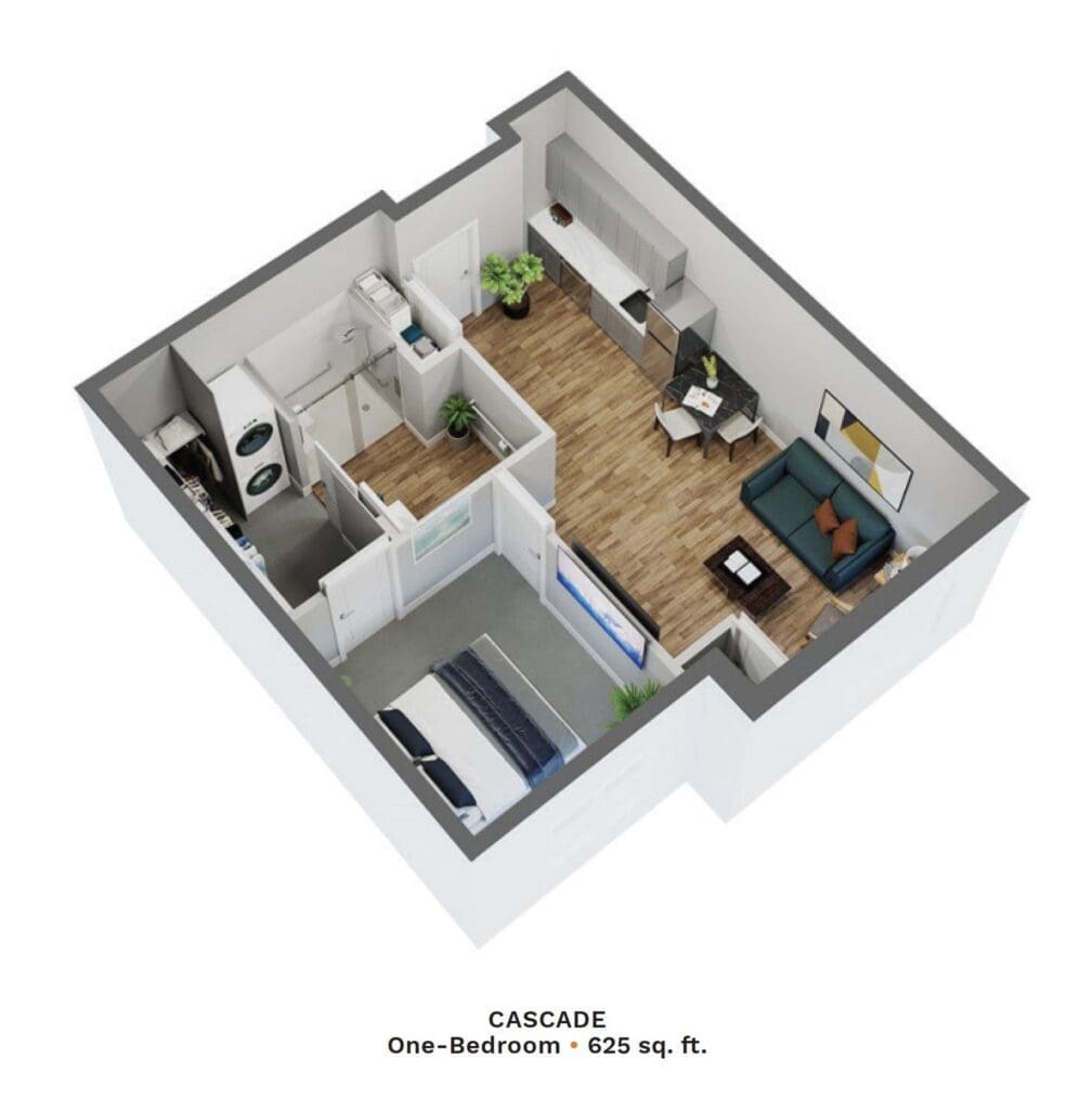 Stylish one-bedroom apartment layout featuring modern amenities, spacious living area, and vibrant decor in upscale design.