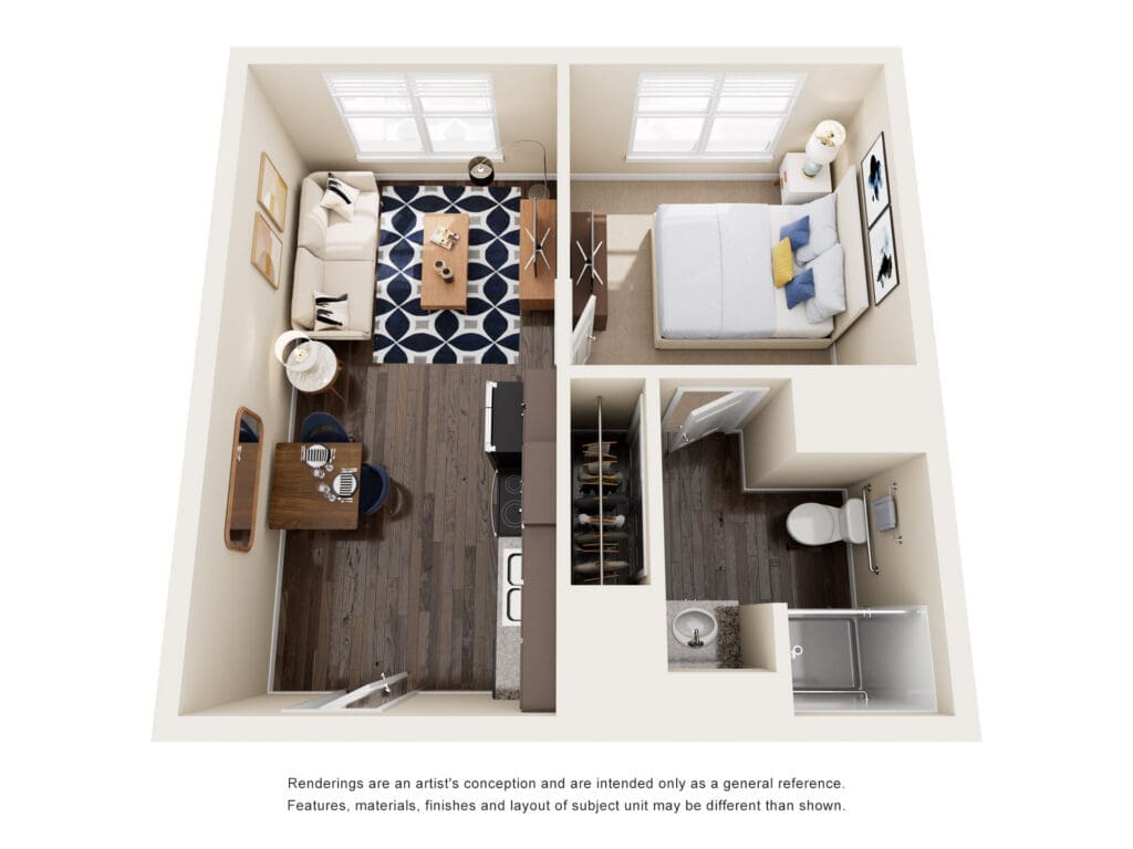 Top-down 3D view of a one-bedroom apartment: living area with a navy rug, sofa, coffee table, and dining table; kitchen island nearby; bedroom with a bed and nightstands