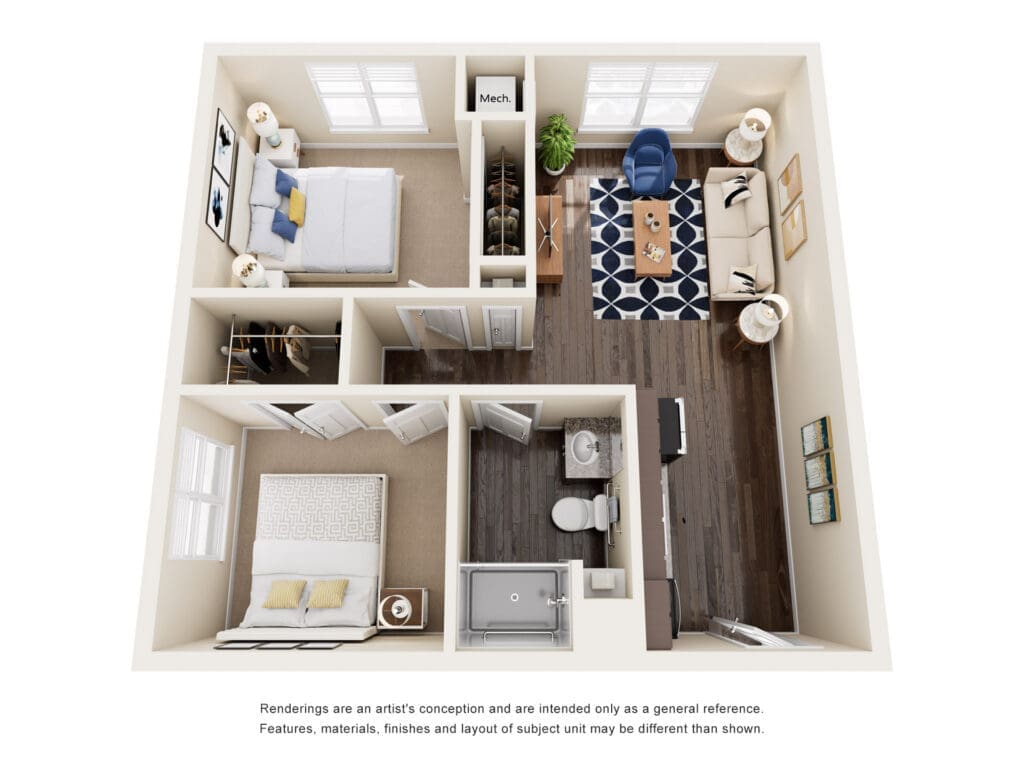 Top-down floor plan of a small apartment showing two bedrooms, a living area with rug and seating, a kitchen, bathroom, and closets in between.