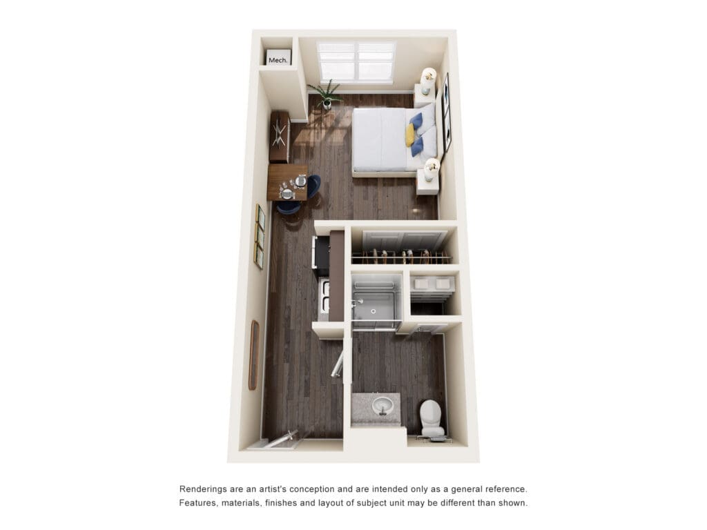 Top-down 3D floor plan of a small apartment: bedroom with bed, dresser, nightstands, dining table, kitchenette, closet, and bathroom area visible.