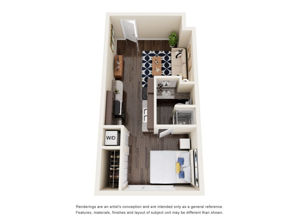 Top-down 3D layout of a small apartment: kitchen along left, living area with a rug and sofa on the right, bedroom bottom, bathroom and laundry near center.