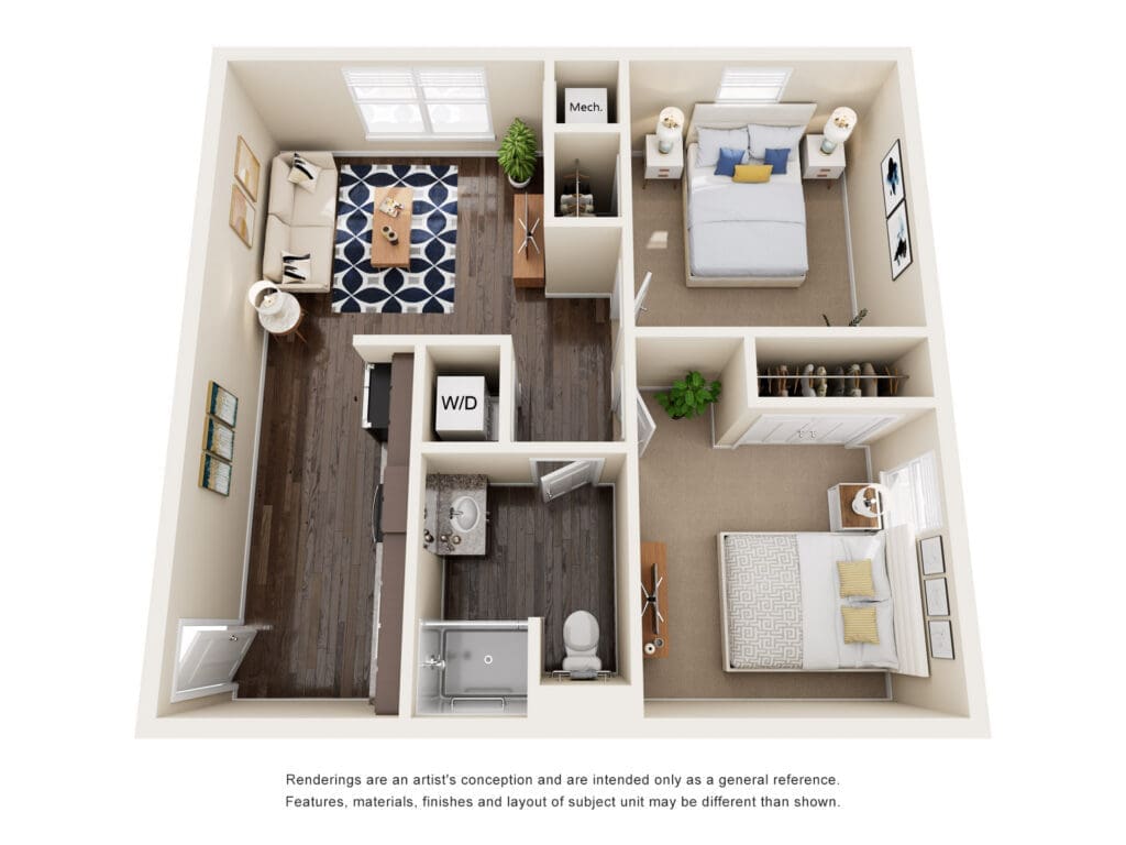 3D floor plan of a two-bedroom apartment showing a living room with a blue patterned rug, dining area, kitchen, and master bedroom with closets and bedsides. It also shows a washer/dryer area and a small hallway closet labeled 'Mech.'