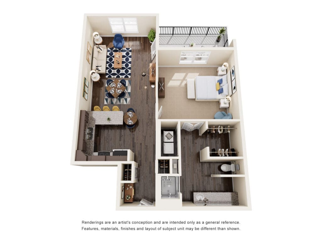 Top-down 3D rendering of a one-bedroom apartment showing living room, dining area, kitchen, bedroom, and balcony.