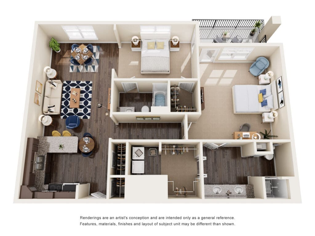 Top-down 3D rendering of a two-bedroom apartment with living room, dining area, kitchen island, and balcony. Variations in furniture and rug patterns are visible for layout reference.