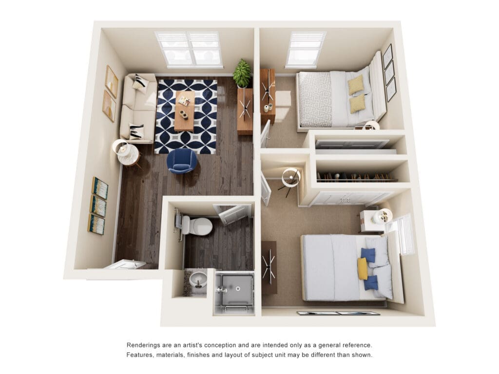 3D top-down floor plan of a two-bedroom apartment showing living room with rug, dining table, two bedrooms, closets, and bathroom.