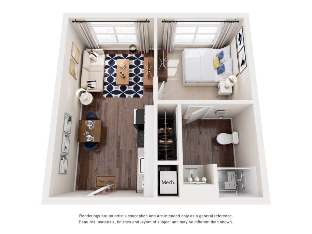 Stylish floor plan showcasing a cozy living area, bedroom, and well-designed bathroom for an upscale senior living experience.
