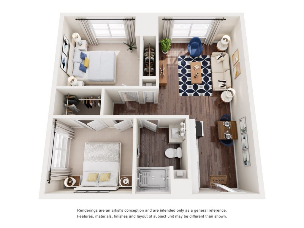 Stylish one-bedroom apartment layout with modern furnishings, ample natural light, and upscale amenities for vibrant living.