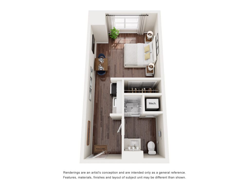 Floor plan of an upscale senior living studio, featuring a cozy bedroom, modern kitchen, and stylish living area.