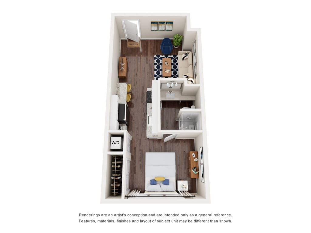 Stylish floor plan featuring an inviting living area, modern kitchen, and cozy bedroom, enhancing upscale senior living.
