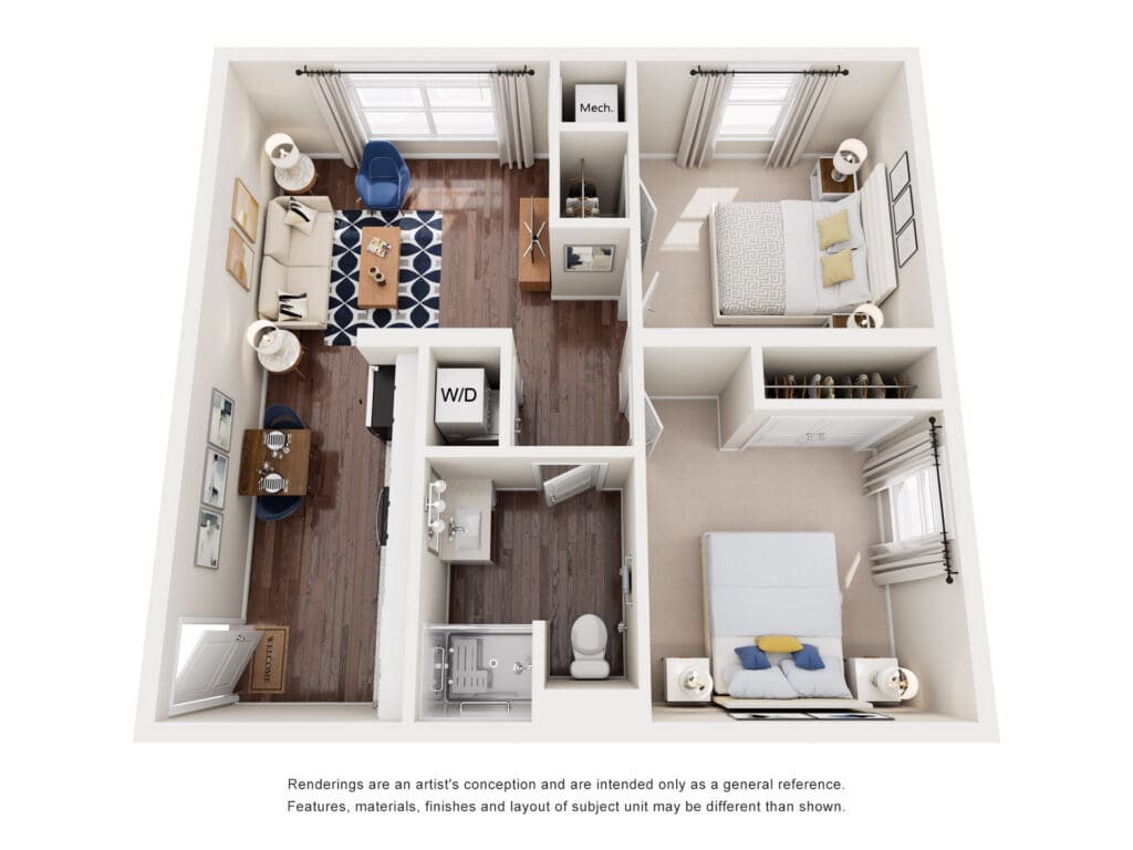 Stylish 2-bedroom senior living apartment layout with modern amenities, cozy living space, and abundant natural light.