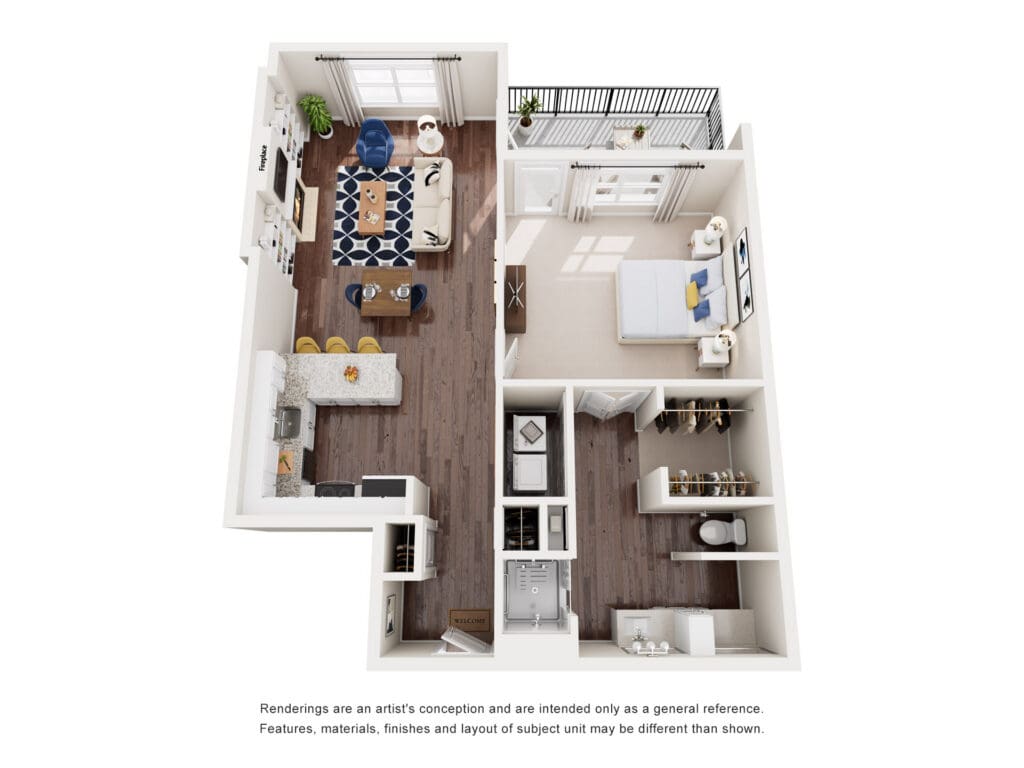 Elegant open-concept floor plan featuring a cozy living area, modern kitchen, serene bedroom, and upscale finishes.